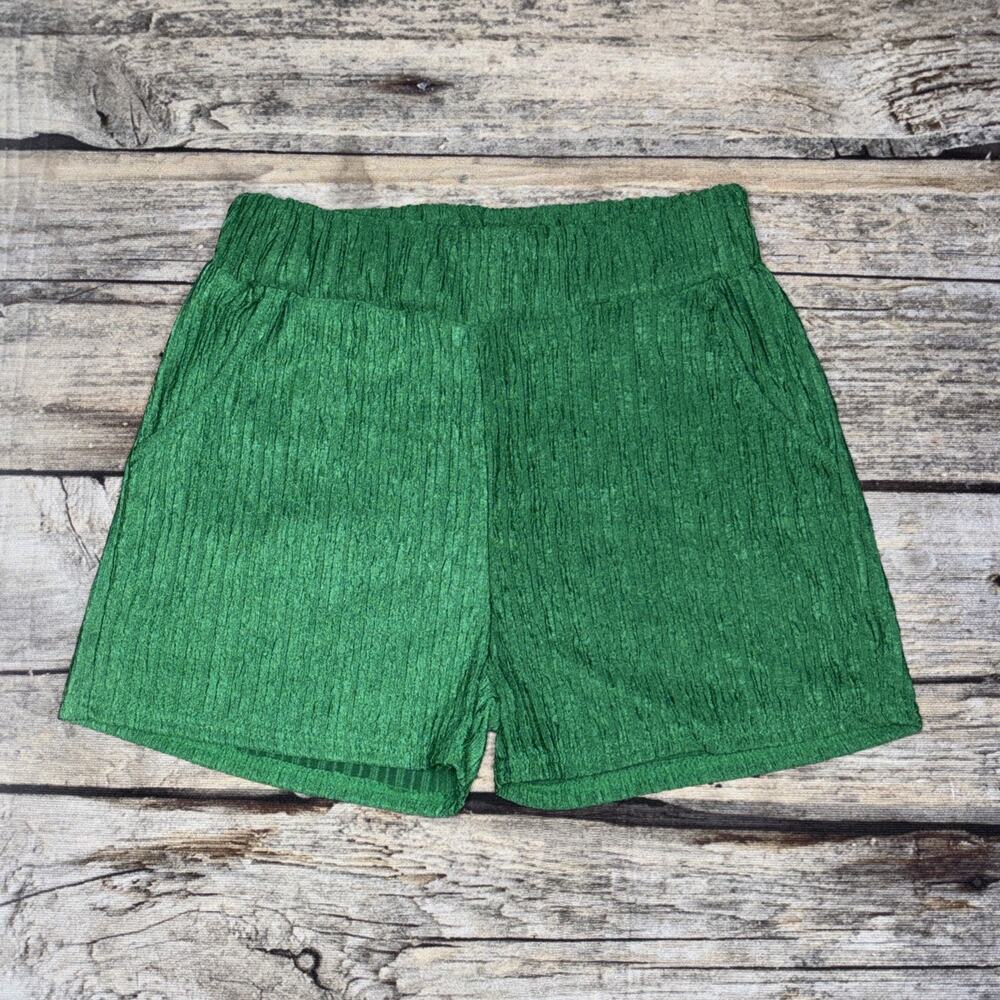 AQ Sports Womens Green Textured Crinkle Ribbed High Waist Shorts Pockets Small